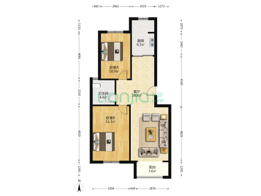 常青藤花园 2室1厅1卫 91平方