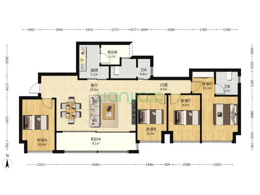 中绿江州 4室1厅2卫 115平方
