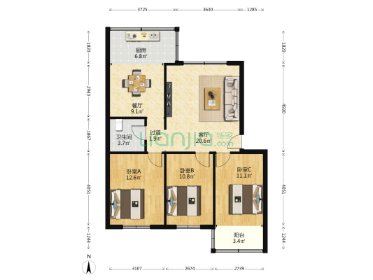司法鉴定中心 3室2厅1卫 92平方