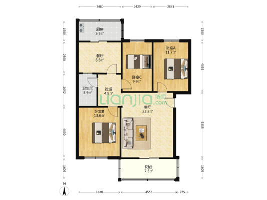 宜佳旺广场北 中医院南 集中供暖的三居 客厅朝南-户型图