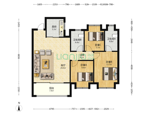 枫璟雅园 3室1厅2卫 112平方