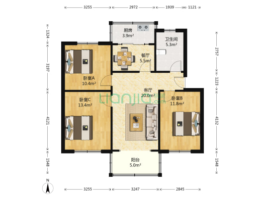 北岭小区 3室2厅1卫 87平方