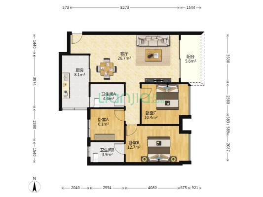 东方白云花园 3室1厅2卫 92平方