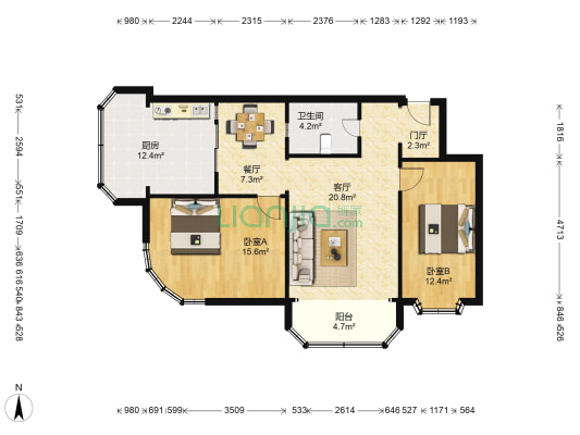 江滨公寓 2室2厅1卫 94平方