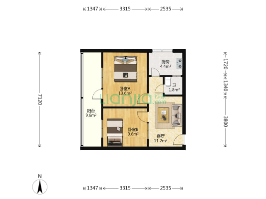 金刚里育英宿舍 2室1厅1卫 54平方
