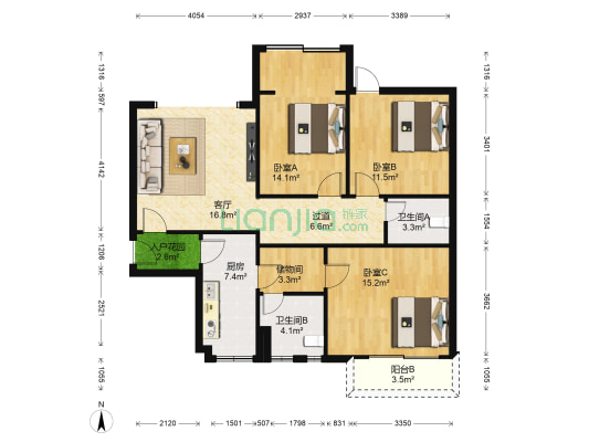 金茂家园 3室1厅2卫 125平方