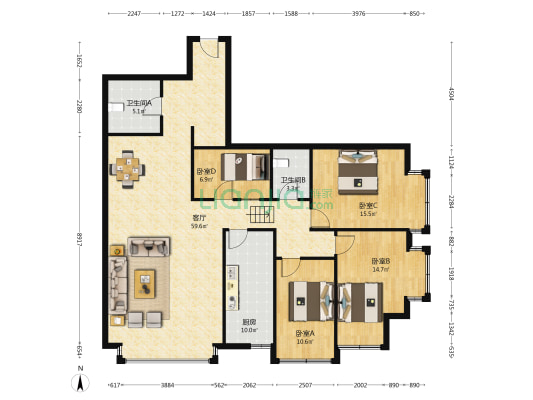 众厦大楼 4室1厅2卫 152平方