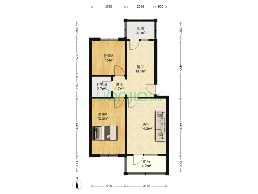 省外文书店宿舍 2室2厅1卫 70平方