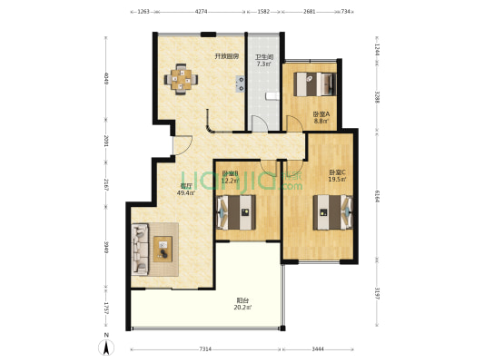 紫金花园北区 3室1厅1卫 120平方