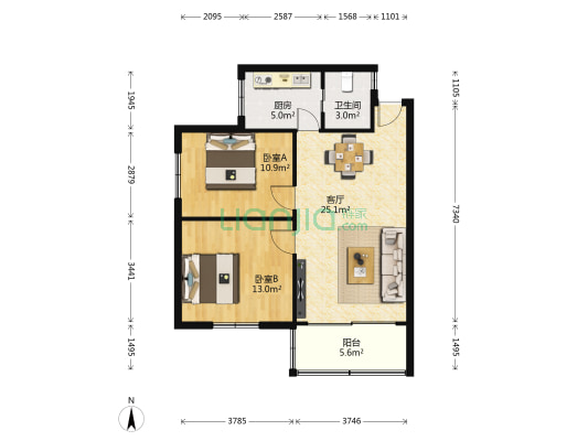 正规二室二厅，中间楼层，带家具家电房屋出售-户型图