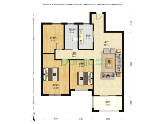 伟星御龙公馆 3室1厅1卫 119平方