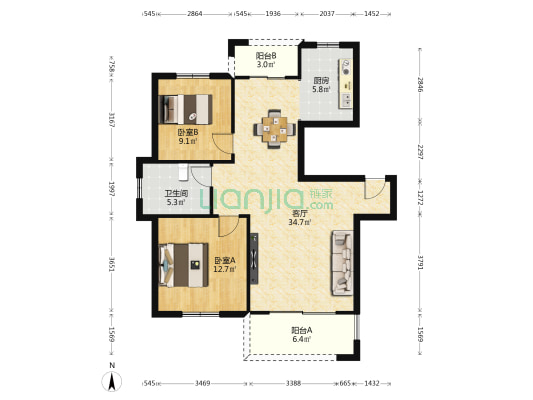 滨湖丽景花园F区 2室1厅1卫 90平方