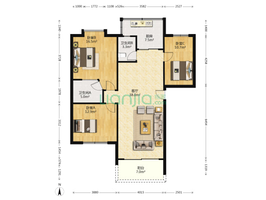 锦鹏苑 3室1厅2卫 120平方