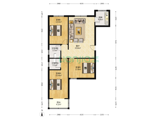 地质嘉园 3室1厅 南 北-户型图