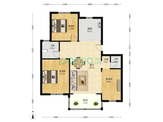 仁和苑 3室1厅2卫 107平方