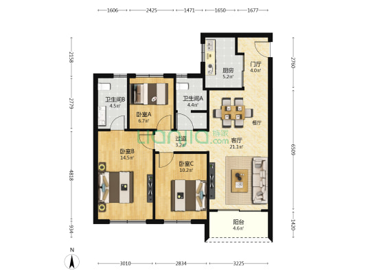 中南君启三期 3室1厅2卫 105平方