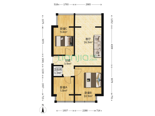 塑料六厂宿舍 3室1厅1卫 44平方