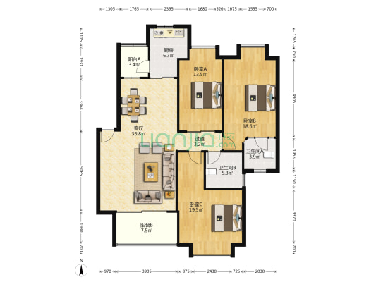 航天嘉园一期 3室1厅2卫 133平方