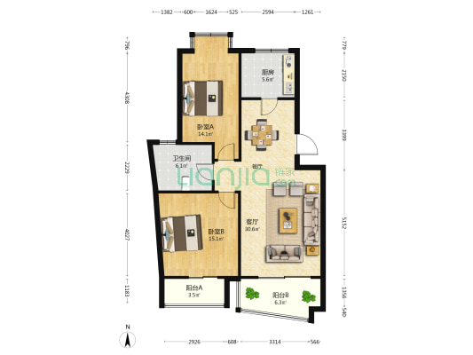 美景华庭 2室1厅1卫 90平方