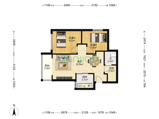 融创天朗融公馆 2室1厅1卫 66平方