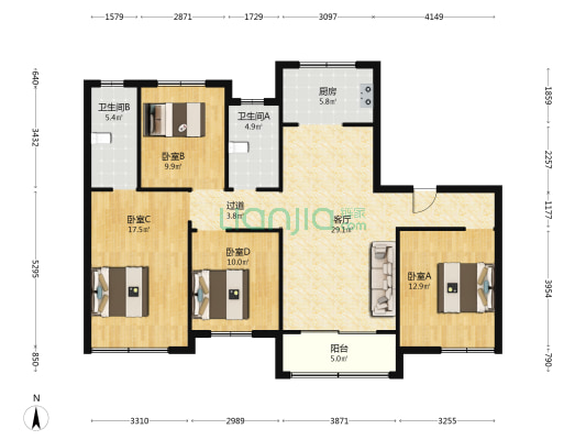 紫云城小区 4室1厅2卫 138平方
