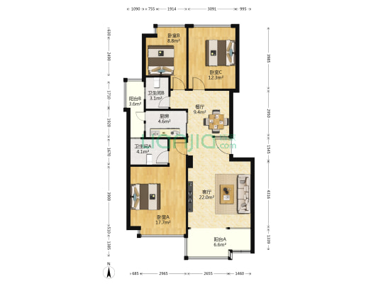 12棵橡树庄园 3室2厅2卫 100平方