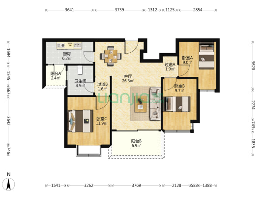 恒大御景天下三期 3室1厅1卫 105平方