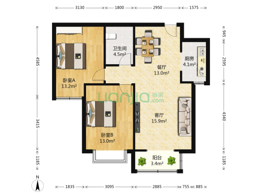 自由之邦 2室2厅1卫 92平方