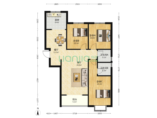 宜家花园 3室2厅2卫 128平方