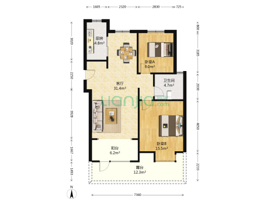 海尔产城创御品华府熙园 2室1厅1卫 90平方