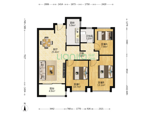 西安宸院1期 3室1厅1卫 99平方