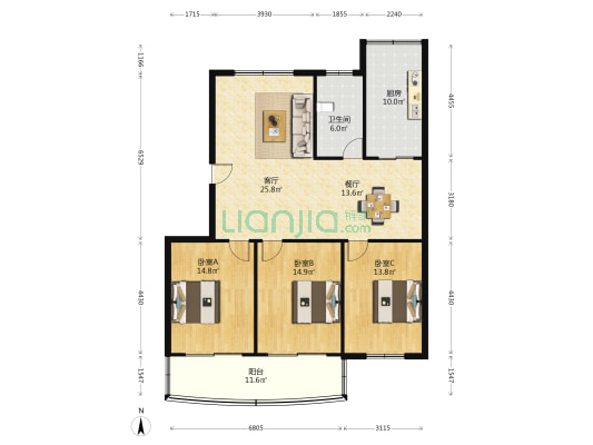 濠景园东区 3室2厅1卫 127平方