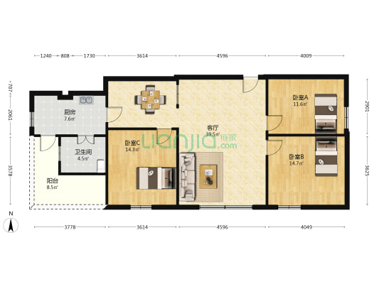 河南岸镇政府宿舍小区 3室1厅1卫 102平方