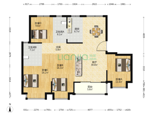 印东方 4室1厅2卫 145平方