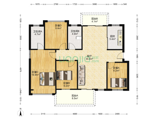 锦地繁花骏园 4室1厅2卫 128平方