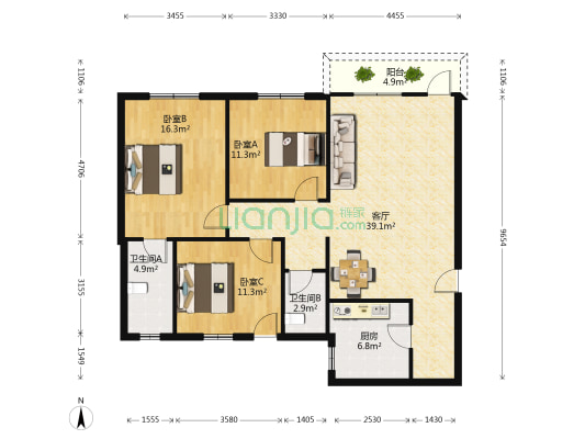 海洲大楼 3室1厅2卫 115平方