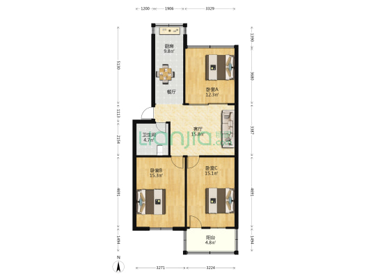 华屏路6号 3室1厅1卫 95平方