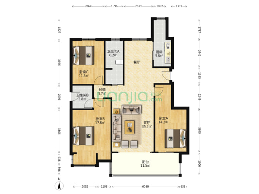 文泽园 3室1厅2卫 125平方