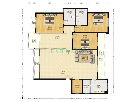 龙洞湾花园 3室1厅3卫 218平方