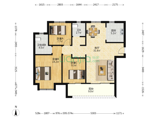 世茂十里星河 3室1厅2卫 113平方