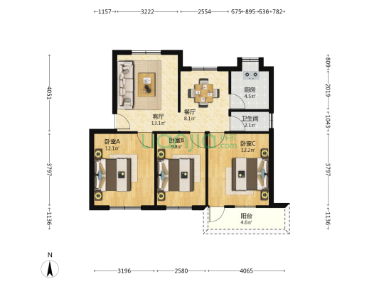 南宁双龙公司宿舍 3室2厅1卫 79平方