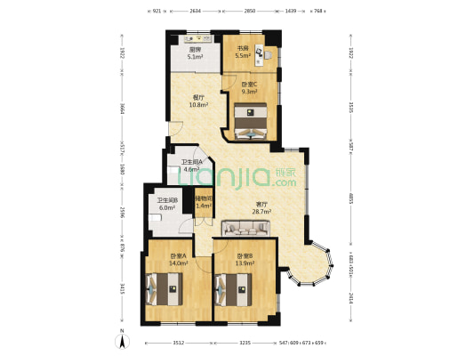 中厦锦园 4室2厅2卫 136平方