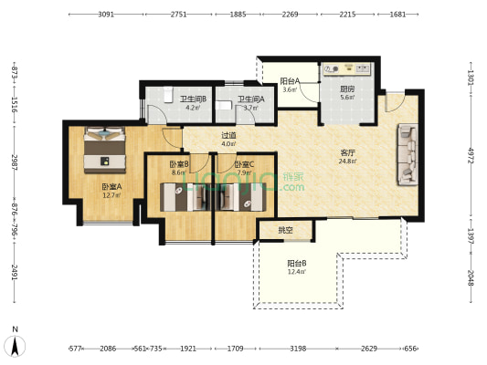 东原月印万川 3室1厅2卫 90平方