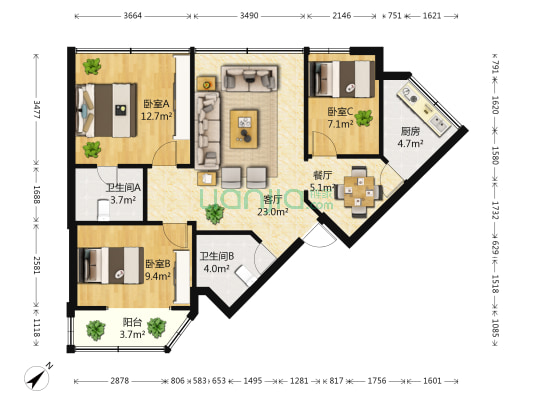端仕街55号 3室2厅2卫 91平方