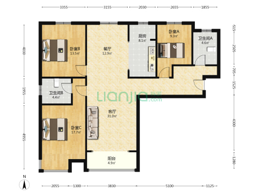 金品时代 3室2厅 南 北-户型图