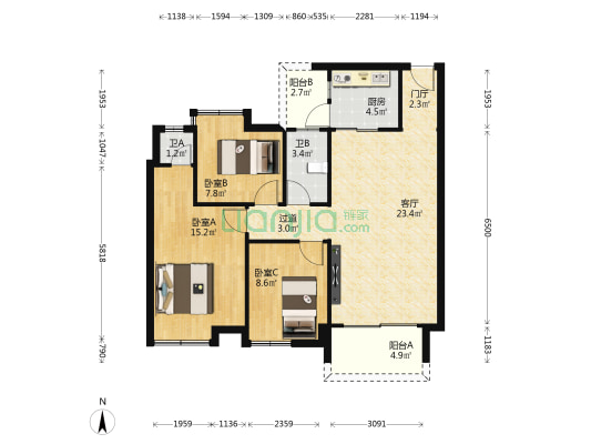 高明和富家园 3室1厅2卫 89平方