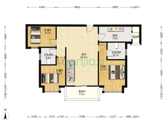 君荟庭 3室1厅2卫 107平方