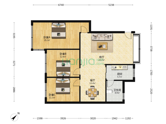 边检大院 3室2厅1卫 106平方