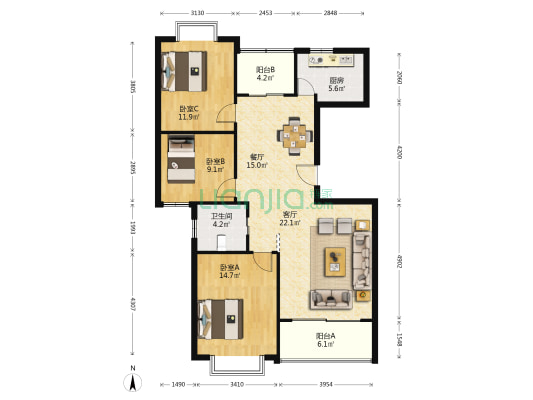 龙柏四季花园 3室2厅1卫 116平方