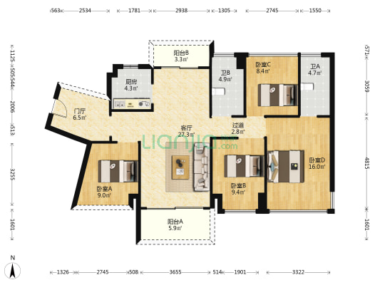 九洲花园 4室1厅2卫 104平方